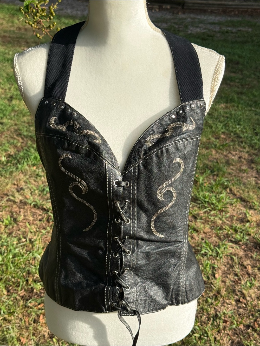 Harley Davidson Black Leather Lace-Up and zip Corset halter XL